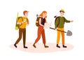 Archeologists team, researchers group flat vector illustration. Excited men and woman with archeological equipment