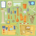 Archeology archaeological finds and tools or equipment and elements of ancient history finding by archaeologists