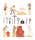 Archeology. Archeologist people, paleontology tools and ancient history artifacts. Vector cartoon isolated set