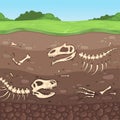 Archeology bones. Underground dinosaur bones soil layers buried clay vector cartoon illustration Royalty Free Stock Photo