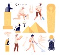 Archeology characters. Paleontologist discoveries skull, archeologists with instruments. Flat egyptian artefacts and