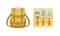 Archeology equipment set. Backpack and excavation tools vector illustration