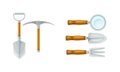 Archeology equipment set. Excavation tools and magnifying glass vector illustration