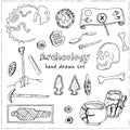 Archeology hand drawn sketch set of paleontological and archaeological ancient finds vector illustration