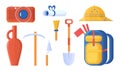 Archeology icons set, backpack tools, excavation pickaxe and brush, artifacts jug and scroll,