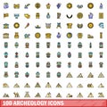 100 archeology icons set, color line style Royalty Free Stock Photo