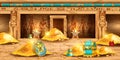Egypt pharaoh treasure background, vector game ancient pyramid interior, tomb secret room, gold pile.