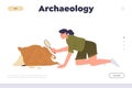 Archeology landing page design template with archaeologist woman exploring ancient historic artifact