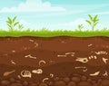 Archeology and paleontology flat vector illustration. Underground surface with dinosaur bones. Buried fossil animals