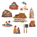 Archeology and Paleontology Set, Scientist Working on Excavations, Archaeological Artifacts and Tools Vector