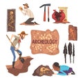 Archeology and Paleontology Set, Scientist Working on Excavations, Archaeological Artifacts Vector Illustration