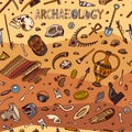 Archeology Seamless Pattern. Tools And Science Equipment, Artifacts In Vintage Style. Excavated Fossils And Ancient