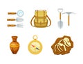 Archeology Tools and Ancient Artifact with Compass, Clay Vase, Fossil and Pickaxe with Trowel Vector Set Royalty Free Stock Photo