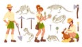 Archeology tools. Palaeontologist instrument. Archaeologists search skulls and antiquities. Person with dinosaur bone or