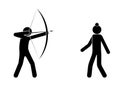 Archer aims at an apple standing on a person head. Shooter athlete, dangerous stunt, amusement. Isolated vector on white