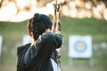 Archer, arrow target training and practice for archery competition, athlete challenge or competitive shooting. Sports Royalty Free Stock Photo