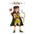 Archer girl warrior with bow, arrows, quiver. European medieval character in traditional costume. Vector Illustration