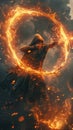 An archer in a circle of fire in the style of anime aesthetic