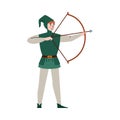 Archer in medieval clothes shoots an arrow, flat vector illustration isolated.