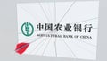 Archery arrow breaks glass plate with AGRICULTURAL BANK OF CHINA company logo. Business issue conceptual editorial 3D