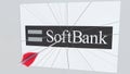 Archery arrow hits plate with SOFTBANK logo. Corporate problems conceptual editorial 3D rendering