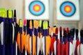 Archery arrows with targets in out of focus background Royalty Free Stock Photo
