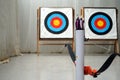 Archery bow, arrows and targets Royalty Free Stock Photo