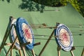 Archery competition: arrows hitting targets on a sunny day Royalty Free Stock Photo