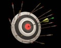 Archery concept on a black background, miss hit of many wooden arrows and the only one carbon arrow hit right the target. Royalty Free Stock Photo