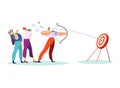 Archery practice, aiming archer with bow and arrow, target bullseye hit. Team support in sport event, coworkers cheering Royalty Free Stock Photo