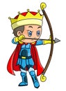 The archery prince boy is aiming the target with the bow and arrow