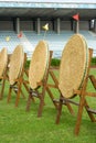 Archery straw empty targets on green field