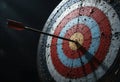 Archery target with an arrow embedded during evening practice Royalty Free Stock Photo