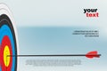 Archery target with arrow and text blocks on blue background. Vector landing page, poster or banner template. Royalty Free Stock Photo