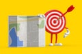 Archery Target and Dart in Center Cartoon Person Character Mascot with Abstract City Plan Map. 3d Rendering