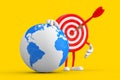 Archery Target and Dart in Center Cartoon Person Character Mascot with Earth Globe. 3d Rendering