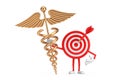 Archery Target and Dart in Center Cartoon Person Character Mascot with Golden Medical Caduceus Symbol. 3d Rendering Royalty Free Stock Photo