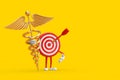 Archery Target and Dart in Center Cartoon Person Character Mascot with Golden Medical Caduceus Symbol. 3d Rendering