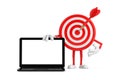 Archery Target and Dart in Center Cartoon Person Character Mascot with Modern Laptop Computer Notebook and Blank Screen for Your Royalty Free Stock Photo