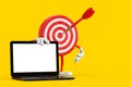 Archery Target and Dart in Center Cartoon Person Character Mascot with Modern Laptop Computer Notebook and Blank Screen for Your Royalty Free Stock Photo