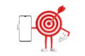 Archery Target and Dart in Center Cartoon Person Character Mascot and Modern Mobile Phone with Blank Screen for Your Design. 3d Royalty Free Stock Photo