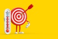 Archery Target and Dart in Center Cartoon Person Character Mascot with Outdoor Thermometer. 3d Rendering