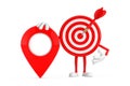 Archery Target and Dart in Center Cartoon Person Character Mascot with Red Target Map Pointer Pin. 3d Rendering Royalty Free Stock Photo