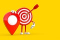 Archery Target and Dart in Center Cartoon Person Character Mascot with Red Target Map Pointer Pin. 3d Rendering Royalty Free Stock Photo