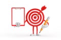 Archery Target and Dart in Center Cartoon Person Character Mascot with Red Plastic Clipboard, Paper and Pencil. 3d Rendering