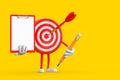Archery Target and Dart in Center Cartoon Person Character Mascot with Red Plastic Clipboard, Paper and Pencil. 3d Rendering