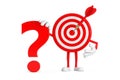 Archery Target and Dart in Center Cartoon Person Character Mascot with Red Question Mark Sign. 3d Rendering