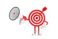 Archery Target and Dart in Center Cartoon Person Character Mascot with Red Retro Megaphone. 3d Rendering