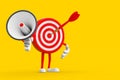 Archery Target and Dart in Center Cartoon Person Character Mascot with Red Retro Megaphone. 3d Rendering
