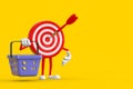 Archery Target and Dart in Center Cartoon Person Character Mascot with Cartoon Shopping Basket. 3d Rendering
